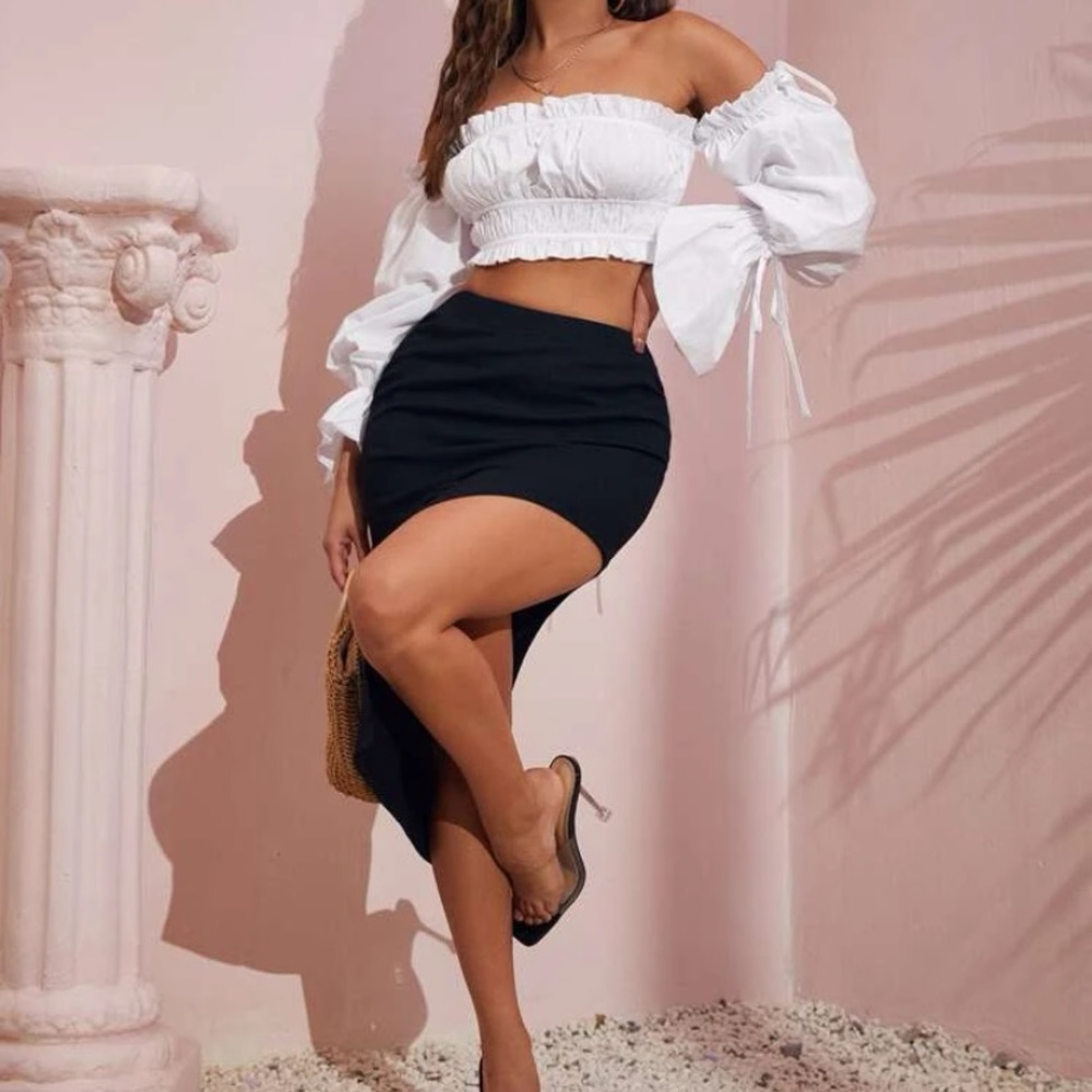Off the shoulder white cropped top, long sleeve